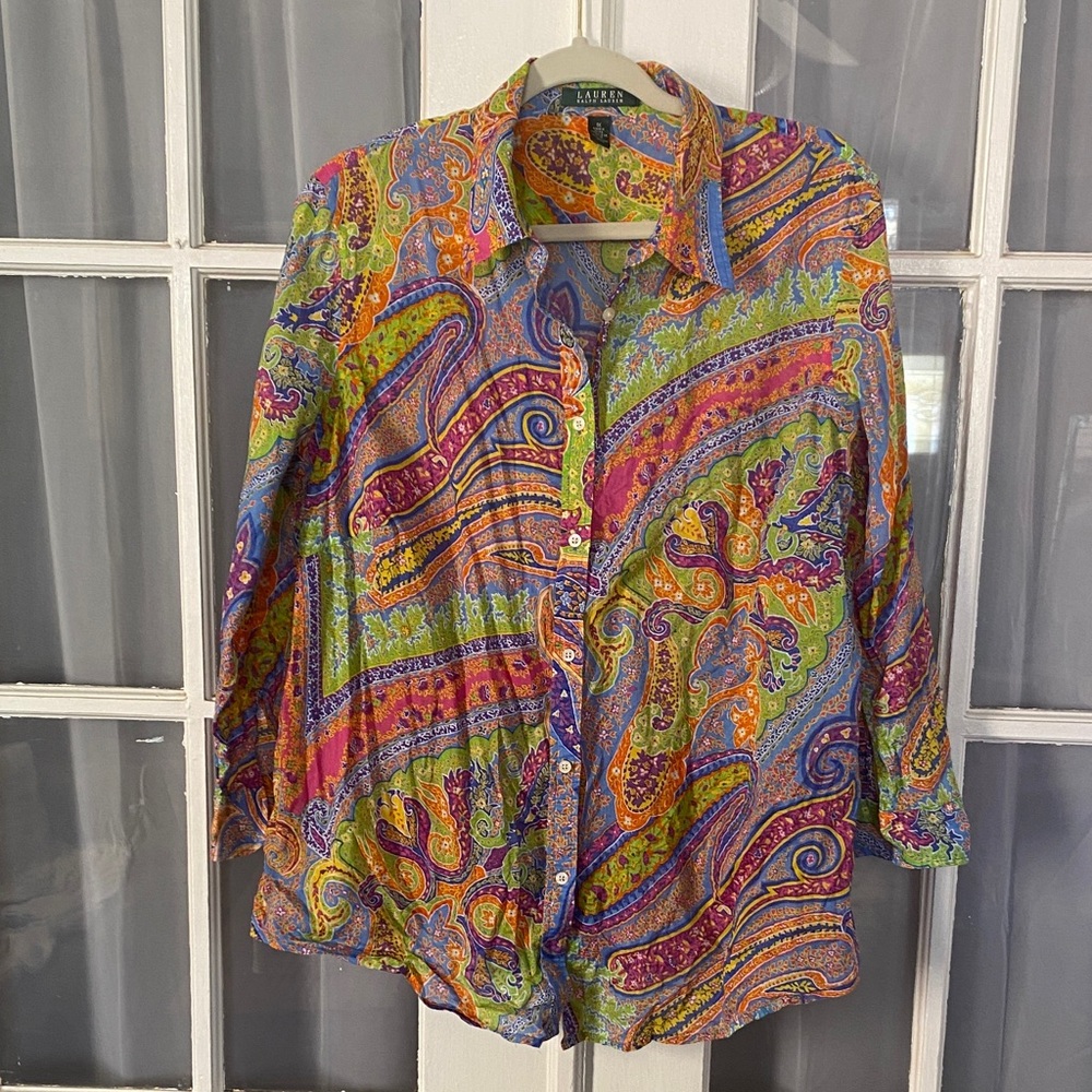 Lauren Ralph Lauren Colorful Paisley Light Weight Button-Up Shirt Blouse Top